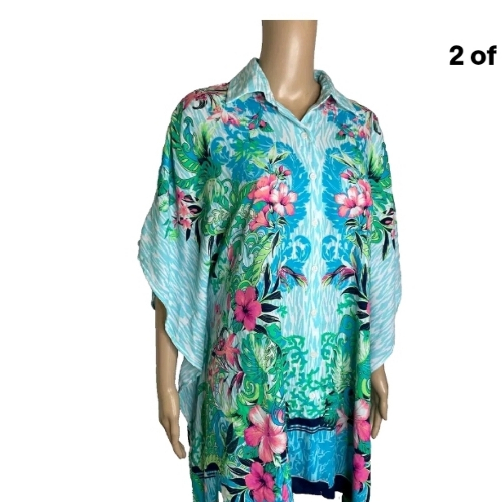 Tommy Bahama Shirt Loose Fit Tunic SM Med AOP Aqua Boyfriend Button Down Flower